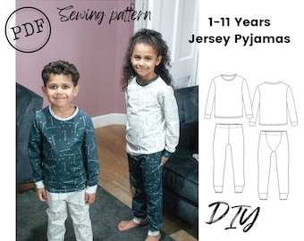 Jersey pajamas/pyjamas sewing patterns for kids - PDF print at home pack, 1-11 years. Print at home. Childrens PJs