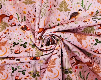 Tela con estampado de animales del bosque en tonos rosa otoñales. 100 % algodón, 1/2 metro, material para confección, decoración del hogar y proyectos de manualidades.