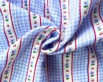 Gingham Check Double Gauze Fabric | Blue & White | Ditsy Stripe Detail | OekoTex Womens Baby and Childrens Fabric Soft Cotton UK