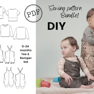 Unisex Baby Sewing Pattern Bundle. PDF. Sewing for Baby Dungaree & T-shirt set. All in one outfit, girl/Boy/Unisex. Digital, print home PDF.