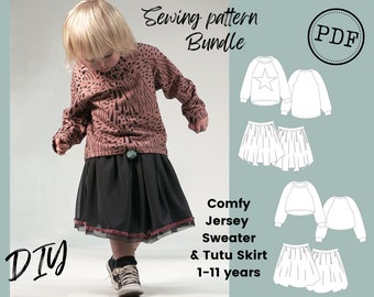 Kids Sewing Pattern Bundle. PDF, print at home. Sew a sweatshirt and tutu skirt set, the whole outfit, girl/Unisex. Digital PDF.