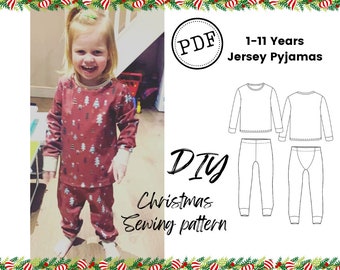 Christmas pajamas/pyjamas/pj sewing pattern for kids - PDF print at home pack, 1-11 years. Print at home. Childrens PJs