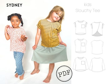 Patrón de costura de camiseta holgada en PDF para niños. Patrón para imprimir en casa, cose una camiseta para tus hijos, patrón de top unisex para niños y niñas.