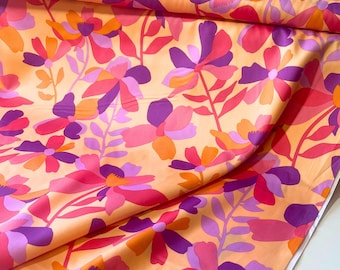 Tela de algodón floral Cloverdale – Nerida Hansen / Albaricoque, rosa, morado, naranja / 100 % satén de algodón Oeko-Tex
