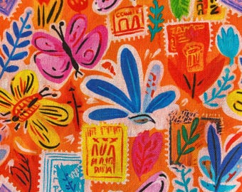 Postcard Garden Cotton Fabric Orange Botanical Print 100% Cotton | Vintage Inspired | Dressmaking | Adults & Children | Fabric in Half Metre
