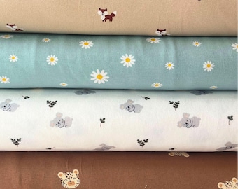Tela de punto de algodón para bebés y niños, con estampado de zorros, leopardos, koalas y margaritas / 95% algodón, 5% elastano / 150 cm de ancho / Suave, transpirable, elástica y bonita