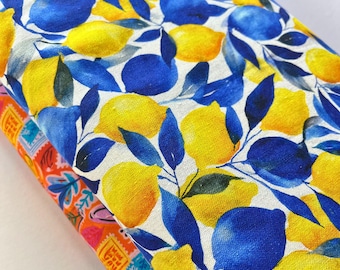 Lemon Print Linen Mix Fabric White Bold Citrus Print | 55 Linen 45% Viscose | Summer Dressmaking Fabric | Woven Fabric by the Half Metre