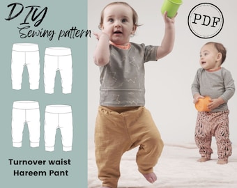 PDF Baby Unisex Hareem Jogger Sewing Pattern. Sewing for babies. Newborn foldover waistband, slouch. DIY, print at home pattern.