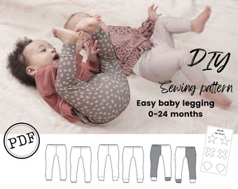 May include: DIY Sewing Pattern: Easy Baby Leggings 0-24 months.  PDF pattern includes four sizes of leggings with a simple design.  The image shows two babies wearing the leggings.