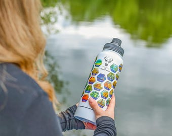 Botella de lista de deseos de paisajes del Reino Unido con pegatinas escénicas - Botella de agua de viaje aislada de acero inoxidable. 946 ml - 32 oz - Con compartimento en la base.