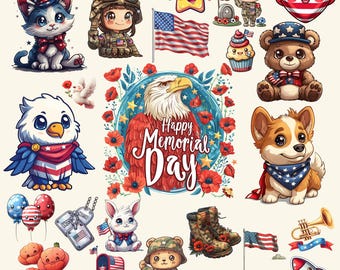 Memorial Day Clipart Bundle: Patriotic Eagle, Poppy, Bear PNGs (Digital Download)