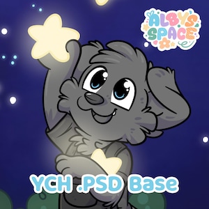 May include: Cartoon illustration of a gray, furry creature holding a glowing star. The creature has large blue eyes and a smiling expression. The text "YCH .PSD Base" is at the bottom. The image has a dark blue background with stars and the "ALBYS SPACE" logo.
