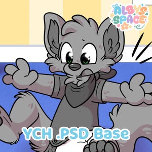 May include: Cartoon illustration of a grey furry character with large eyes and a surprised expression. The character is wearing a dark grey shirt and a matching neckerchief. Text at the bottom reads "YCH .PSD Base". The image has a cartoon style.