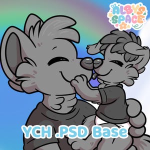 May include: A digital illustration of two cartoon-style anthropomorphic animals, one larger and one smaller, in shades of gray. The smaller animal is embracing the larger one. Text at the bottom reads "YCH .PSD Base" and a logo in the upper right corner.