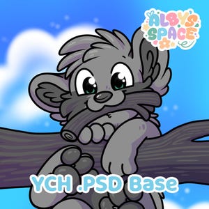 Puede incluir: Ilustración de dibujos animados de una criatura gris y peluda con ojos grandes, posada en una rama de árbol. La imagen tiene el texto "YCH .PSD Base" en azul claro. El fondo es un degradado de azul y blanco.