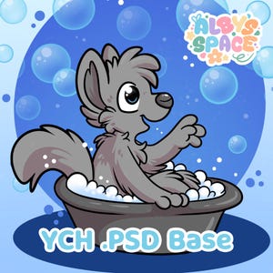 May include: A cartoon illustration of a grey wolf-like character in a dark grey tub filled with bubbles. The character is smiling and reaching out with one paw. The background is blue with bubbles. Text at the bottom reads "YCH .PSD Base". The logo "ALBYS SPACE" is in the upper right.