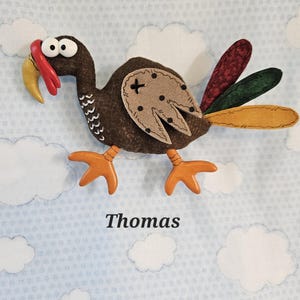 May include: A whimsical, handmade turkey decoration with a brown body, orange feet, and a tan wing patch. The turkey has a red wattle, yellow beak, and large googly eyes. The name "Thomas" is printed below the turkey on a blue background with white clouds.