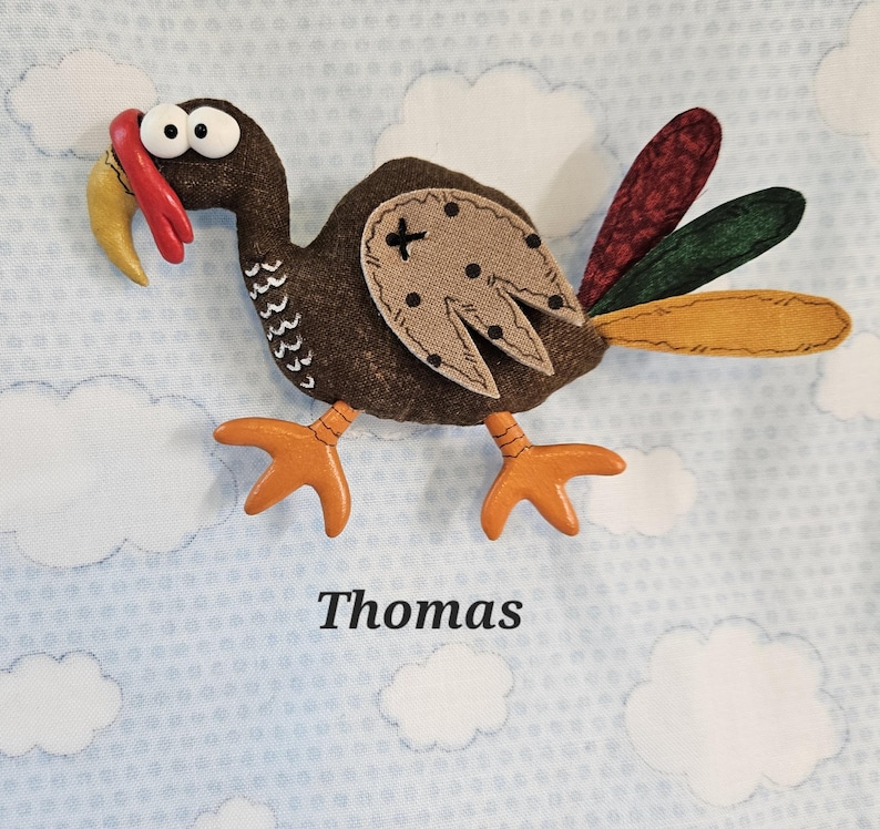 May include: A whimsical, handmade turkey decoration with a brown body, orange feet, and a tan wing patch. The turkey has a red wattle, yellow beak, and large googly eyes. The name "Thomas" is printed below the turkey on a blue background with white clouds.