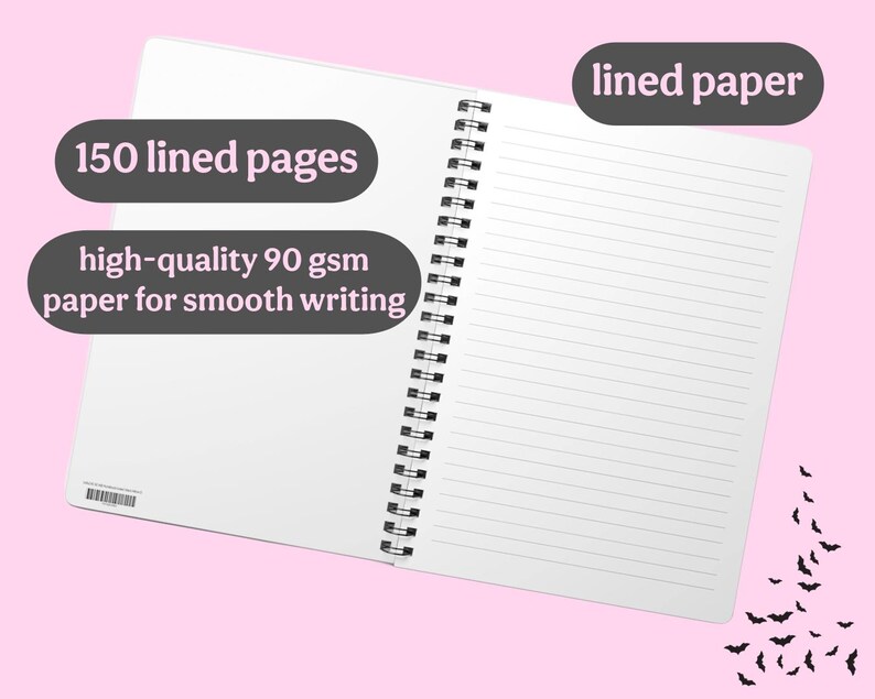 May include: A white notebook with a black spiral binding. The notebook has 150 lined pages and is made with high-quality 90 gsm paper for smooth writing. The text "lined paper" is written in black on a gray oval shape at the top right corner of the image.