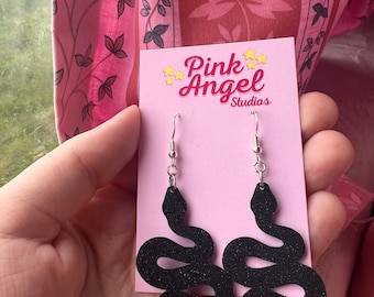 GLITTER SNAKE EARRINGS | black gothic snake earrings | black and white earrings | alternative mismatch earrings | black glitter earrings