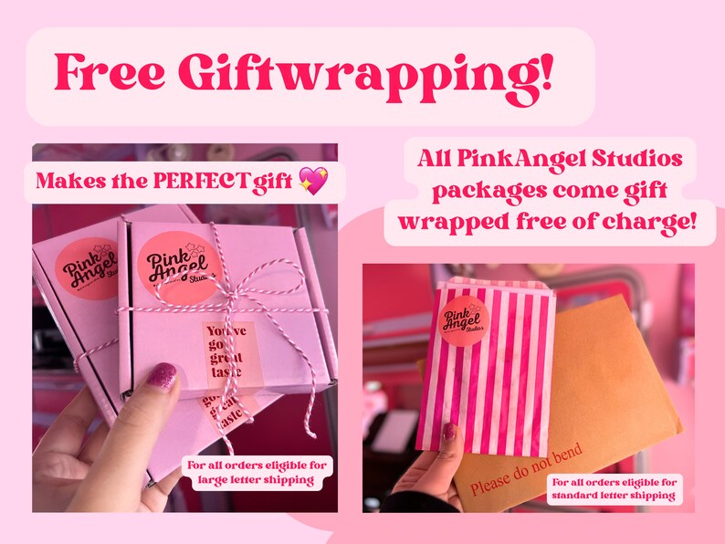 Puede incluir: Dos im&aacute;genes que muestran las opciones de envoltorio de regalo para pedidos de Pink Angel Studios. La primera imagen muestra una peque&ntilde;a caja rosa con una cinta rosa y blanca a rayas atada alrededor. La caja tiene una pegatina que dice "Pink Angel Studios" y otra pegatina que dice "You've got great taste". La segunda imagen muestra una bolsa de papel rosa y blanca a rayas con una pegatina que dice "Pink Angel Studios". La bolsa est&aacute; dentro de un sobre marr&oacute;n. Ambas im&aacute;genes tienen texto que dice "Para todos los pedidos elegibles para el env&iacute;o de cartas grandes" y "Para todos los pedidos elegibles para el env&iacute;o de cartas est&aacute;ndar".