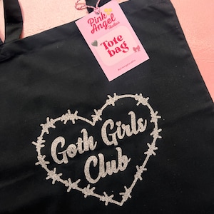 GOTH GIRLS TOTE | goth girls club tote bag | black glitter sparkly silver canvas | alternative style | edgy emo accessories | reusable gift