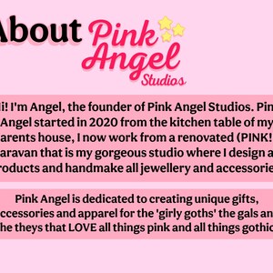 May include: Pink Angel Studios logo with the text "About Pink Angel Studios" and a description of the business owner, Angel, who started the business in 2020. The text describes the business as creating unique gifts, accessories, and apparel for "girly goths".
