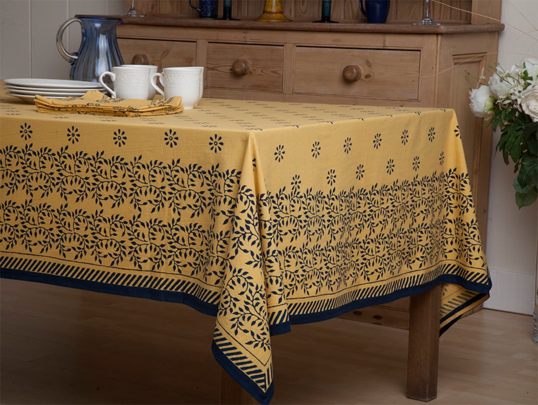 テーブル FALL DECOR -yellow Blue Tablecloth for Fall -handmade Designer