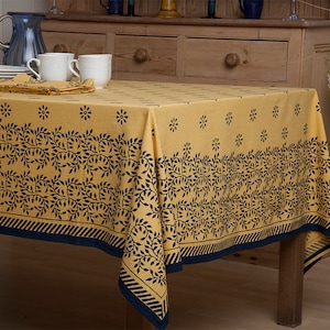 FALL DECOR -Yellow Blue tablecloth for fall -Handmade Designer Indian Bohemian Canary Midnight Country Style -Hand Block Printed