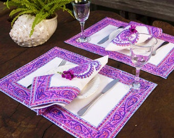 White Purple Pink Paisley Amethyst Amore Bohemian Hand Block Printed  Canvas Fabric Washable Placemats  - sold as set of two pieces