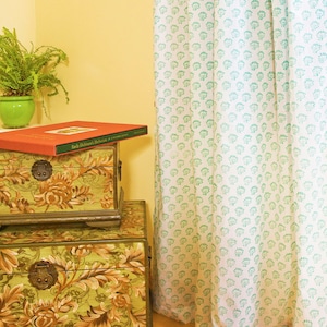 Hand Block Printed Cotton Voile Curtain: Teal Paisley Sheer Panel