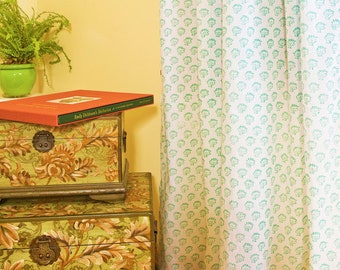 Hand Block Printed Cotton Voile Curtain: Teal Paisley Sheer Panel