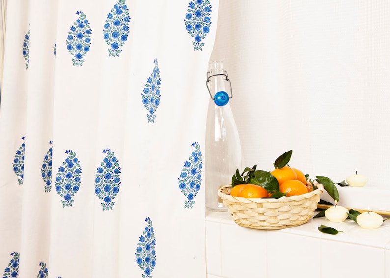 Blue Southern Night Designer French Country washable Cotton Fabric Hand Block Printed Shower Curtain image 2