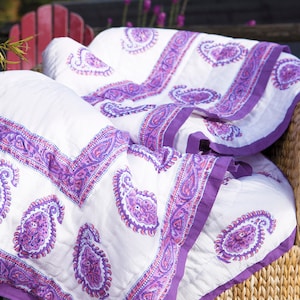 Purple Paisley  Amethyst Amore - Bohemian Hand Block-printed Decorative Designer French Country Cotton Jaipuri Quilt (90&quot;X 90&quot;)