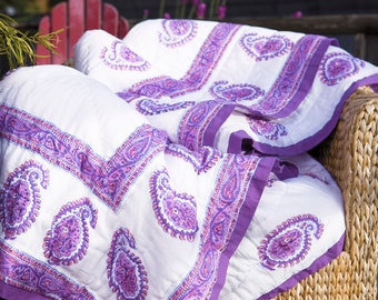 Purple Paisley  Amethyst Amore - Bohemian Hand Block-printed Decorative Designer French Country Cotton Jaipuri Quilt (90"X 90")