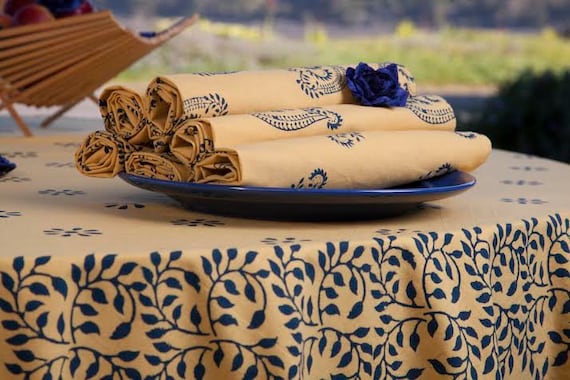 FALL DECOR -yellow Blue Tablecloth for Fall -handmade Designer