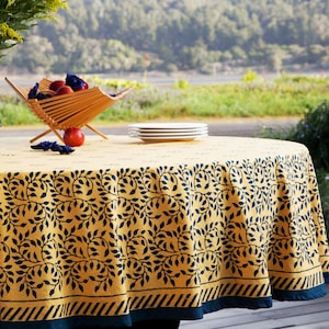FALL DECOR -Yellow Blue tablecloth for fall -Handmade Designer Indian Bohemian Canary Midnight Country Style -Hand Block Printed