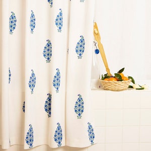Blue Southern Night Designer French Country washable Cotton Fabric Hand Block Printed Shower Curtain image 1