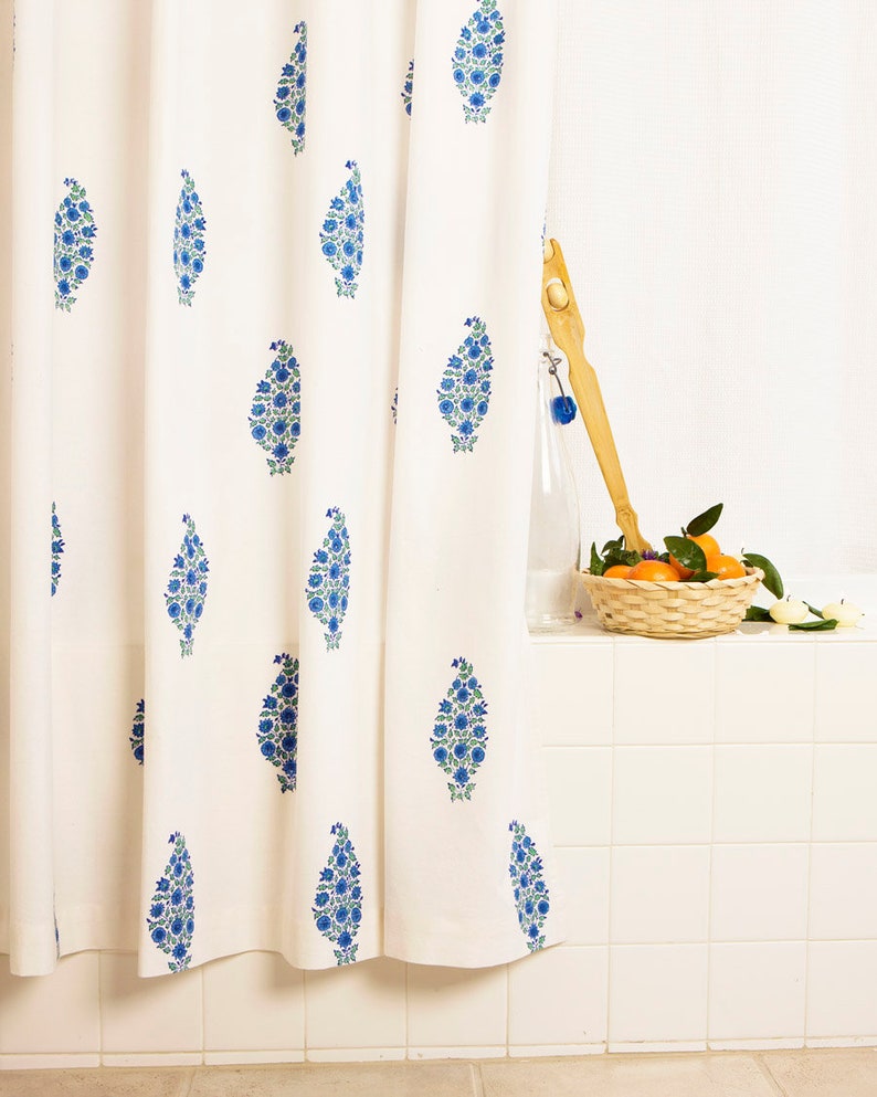 Blue Southern Night Designer French Country washable Cotton Fabric Hand Block Printed Shower Curtain image 1