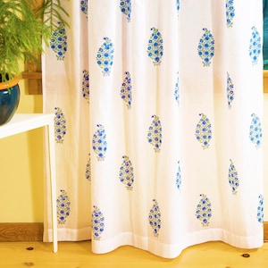 French Country Style Blue Green White Southern Night Hand Block Printed Paisley Cotton Voile Sheer Curtain