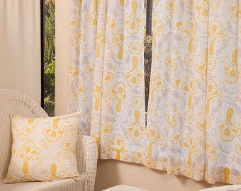 Champagne Charm Yellow Gray Indian Bohemian Look Floral Pattern Screen Printed Cotton Voile Sheer Curtain