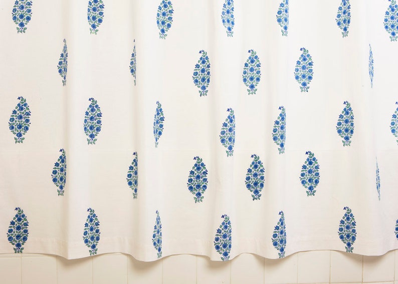 Blue Southern Night Designer French Country washable Cotton Fabric Hand Block Printed Shower Curtain image 3