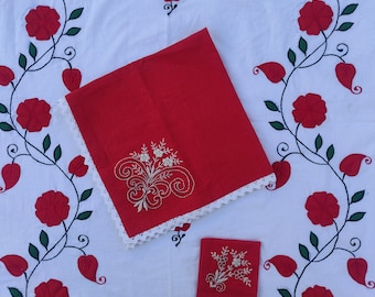 Crimson Red Christmas Table linen - Patch Work Handmade Table cloth-cotton table cloth-Designer Crimson table cloth