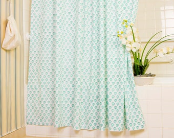 Blokprint-aqua designer luxe tropisch strand badstof douchegordijn voor kustbadinrichting