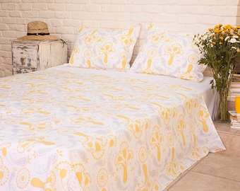 Champagne Charm Yellow- grey Indian Bohemian Floral Queen size Flat Sheet (90"x 90") Plus set of two Pillow coves