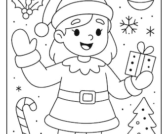 Puede incluir: Ilustración en blanco y negro de un elfo navideño sosteniendo un regalo. El elfo lleva un gorro, guantes y un vestido. También se incluyen adornos navideños, copos de nieve, un bastón de caramelo y un árbol de Navidad.
