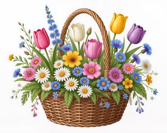 Conjunto de imágenes prediseñadas de cestas de flores, 12 cestas florales de acuarela PNG, fondo transparente, ilustración de flores de primavera, descarga digital