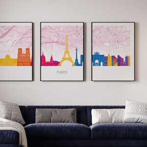 Paris Triptychon, Paris Skyline mit Stadtplan, Paris Poster, verschiedene Farben erhältlich