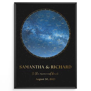 Puede incluir: Impresión enmarcada que presenta un mapa celeste en tonos azules y dorados. La impresión incluye los nombres "SAMANTHA & RICHARD", la frase "to the moon and back" y la fecha "August 30, 2023". El fondo es negro con un patrón de estrellas.