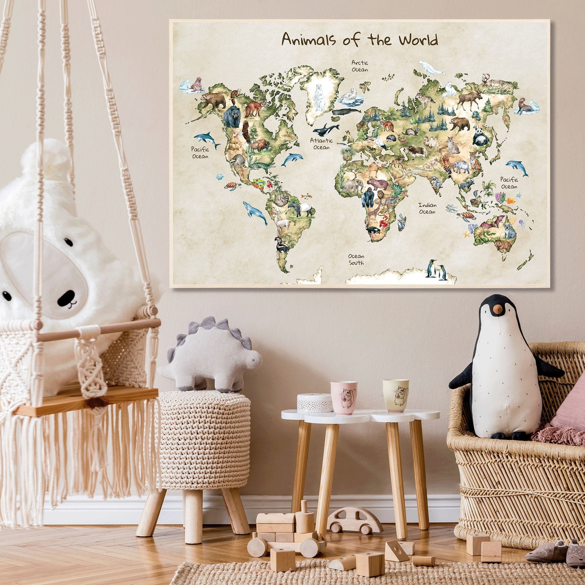Animal World Map Poster for Kids, Nursery Wall Art, Educational Animal ...